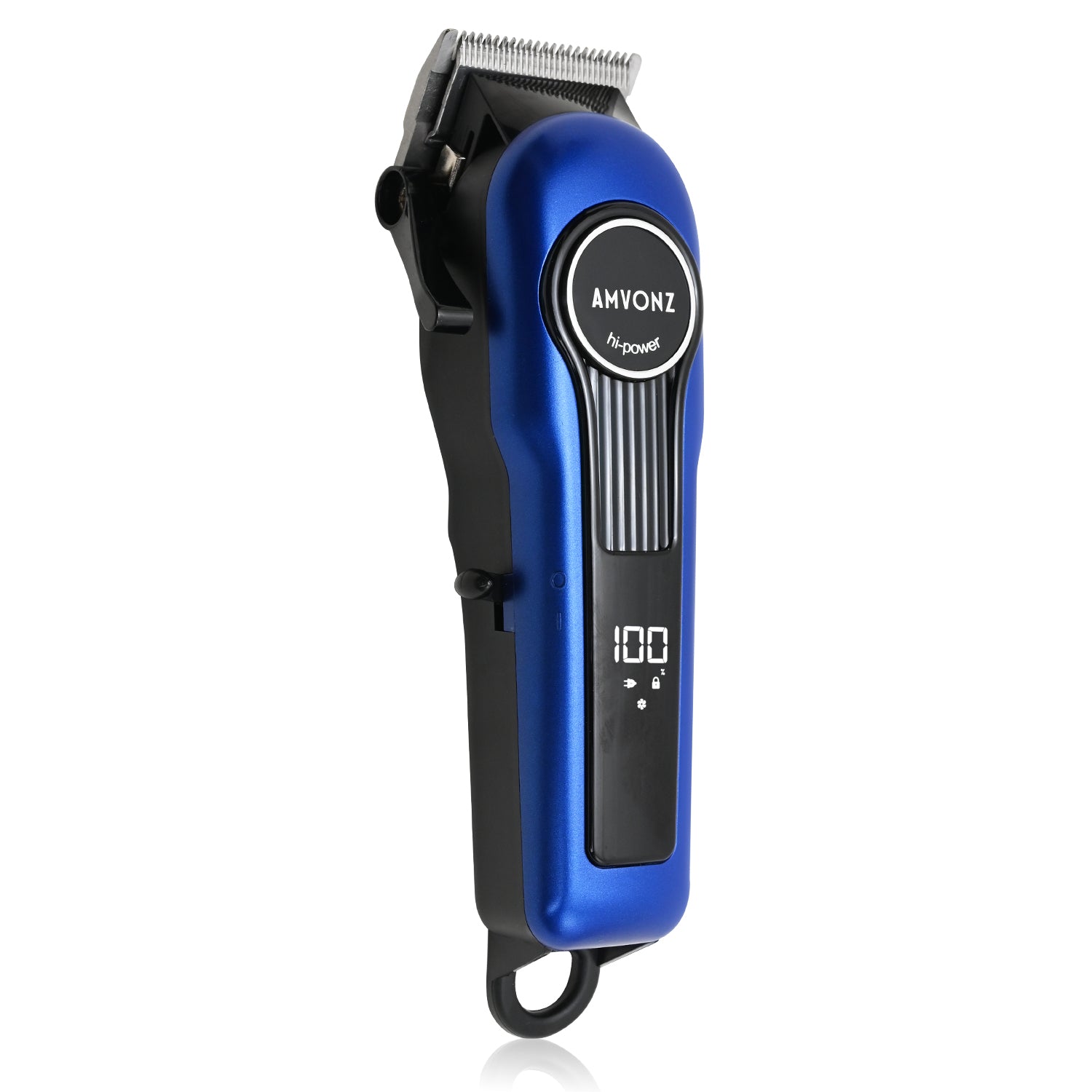 AMVONZ A-015 Professional Hair Clipper, Cordless, Blue, 200 Minutes Runtime, 2000mAh Lithium Battery, USB Charging, Taper Lever 0.8-2.0mm, 5 Guide Combs, Salon Series