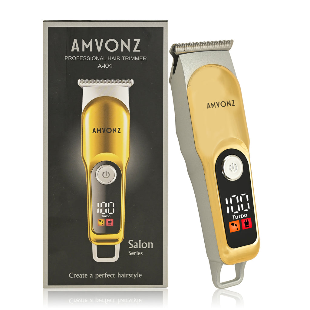 AMVONZ Professional Hair Trimmer A-104, Gold, Stainless Steel Blades, 60 Minutes Runtime, LCD Display with Turbo Mode, Type-C USB Charging, 600mAh Lithium Battery, with 4 Guide Combs