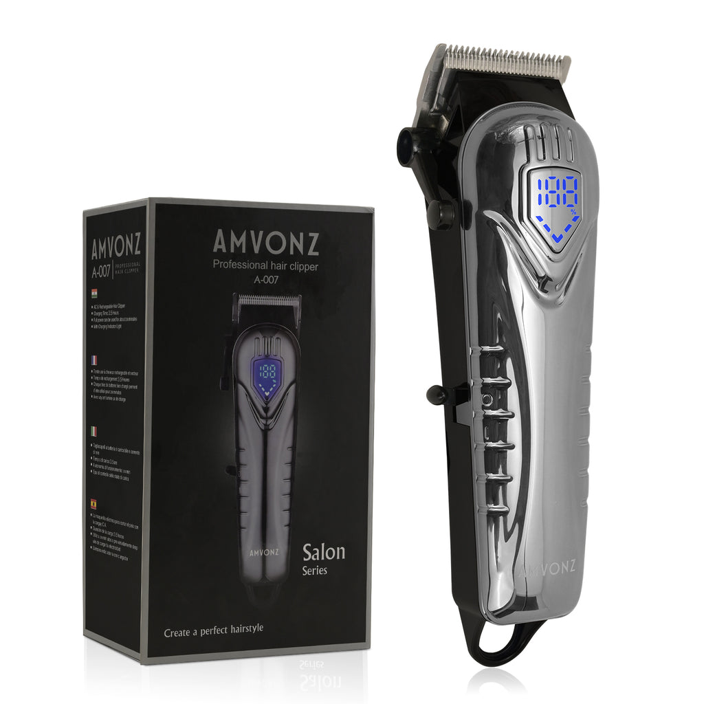 AMVONZ A-007 Professional Hair Clipper with LED Display, Cordless, Silver , 200 Minutes Runtime, 2000mAh Lithium Battery, USB Charging, Taper Lever 0.8-2.0mm, 5 Guide Combs, Salon Series