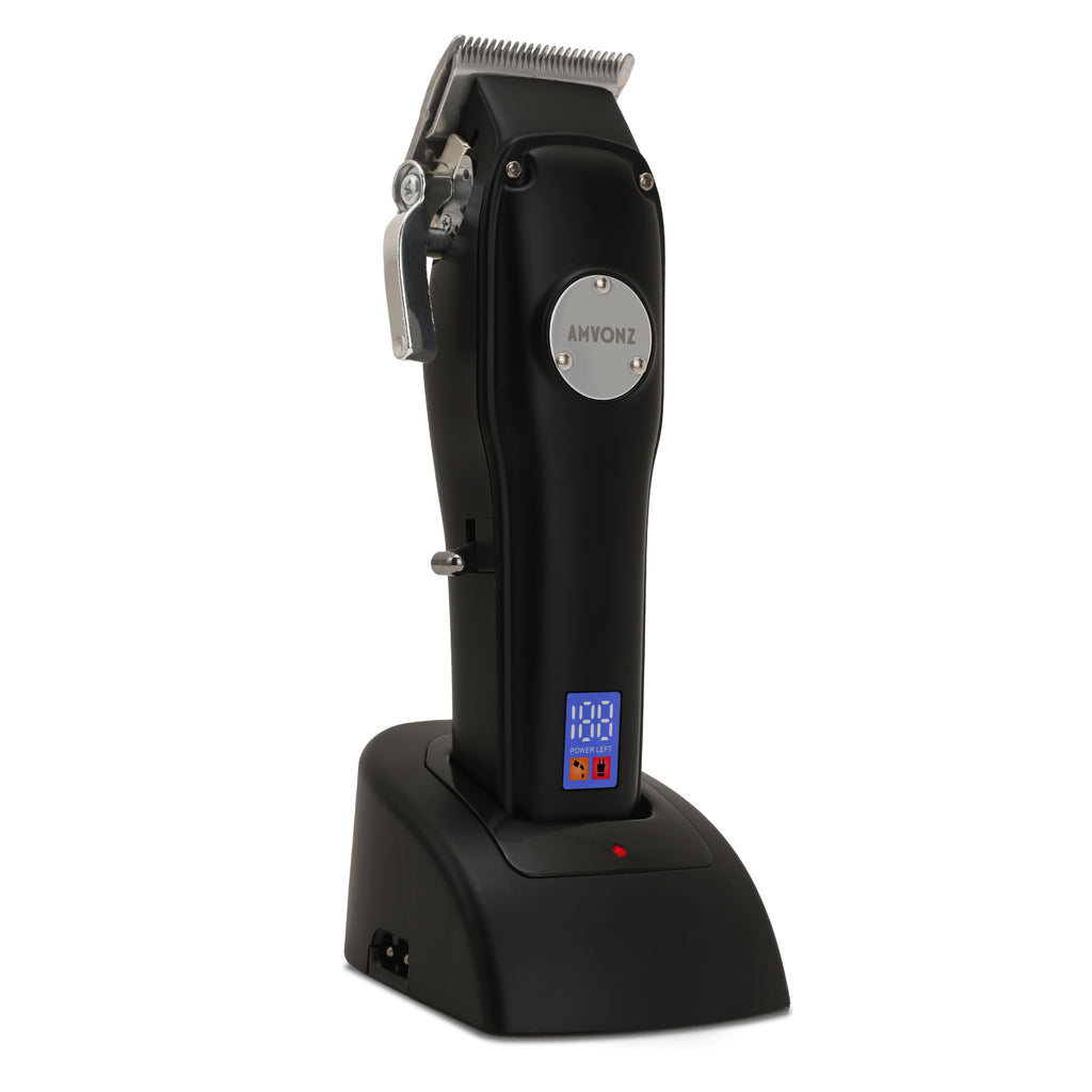 AMVONZ A-013 Professional Hair Clipper with LED Display, Cordless, Black, 200 Minutes Runtime, 2000mAh Lithium Battery, USB Charging, Taper Lever 0.8-2.0mm, 5 Guide Combs, Salon Series