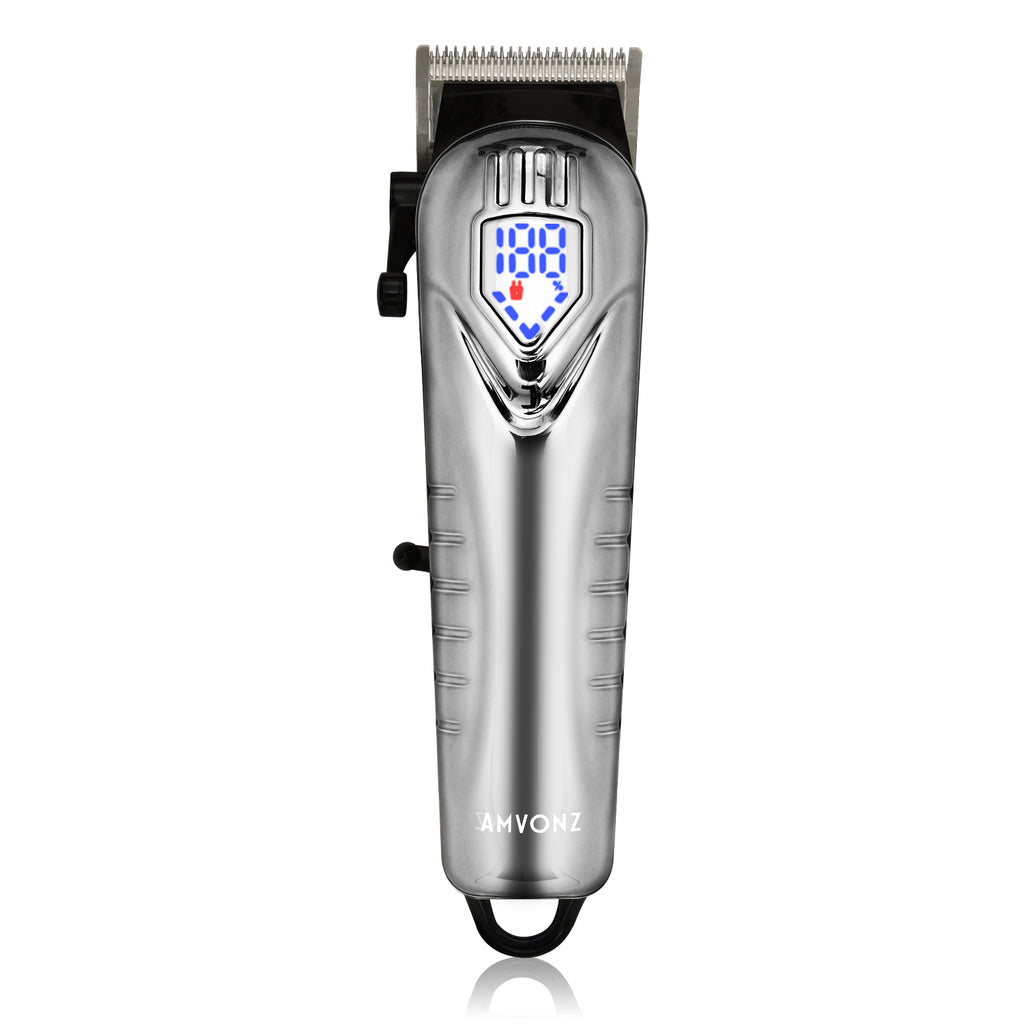 AMVONZ A-007 Professional Hair Clipper with LED Display, Cordless, Silver , 200 Minutes Runtime, 2000mAh Lithium Battery, USB Charging, Taper Lever 0.8-2.0mm, 5 Guide Combs, Salon Series