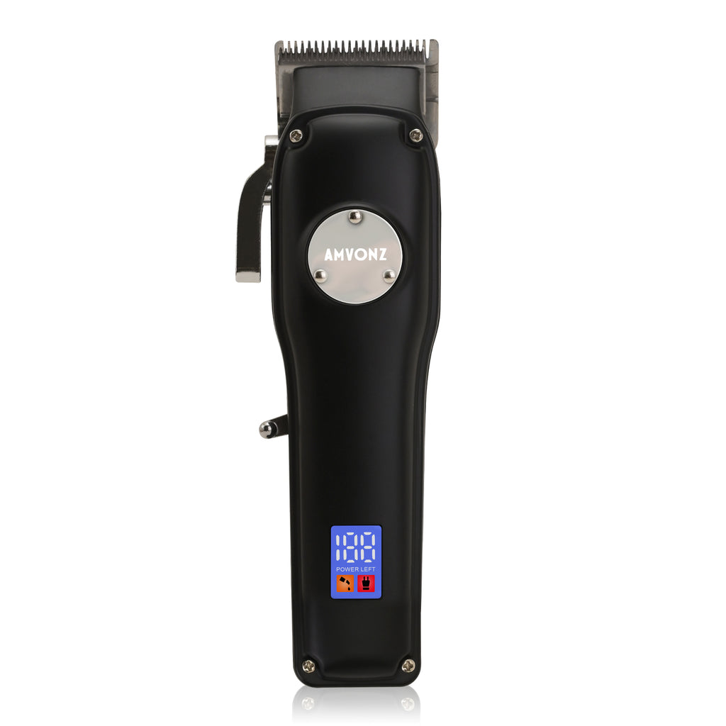 AMVONZ A-013 Professional Hair Clipper with LED Display, Cordless, Black, 200 Minutes Runtime, 2000mAh Lithium Battery, USB Charging, Taper Lever 0.8-2.0mm, 5 Guide Combs, Salon Series