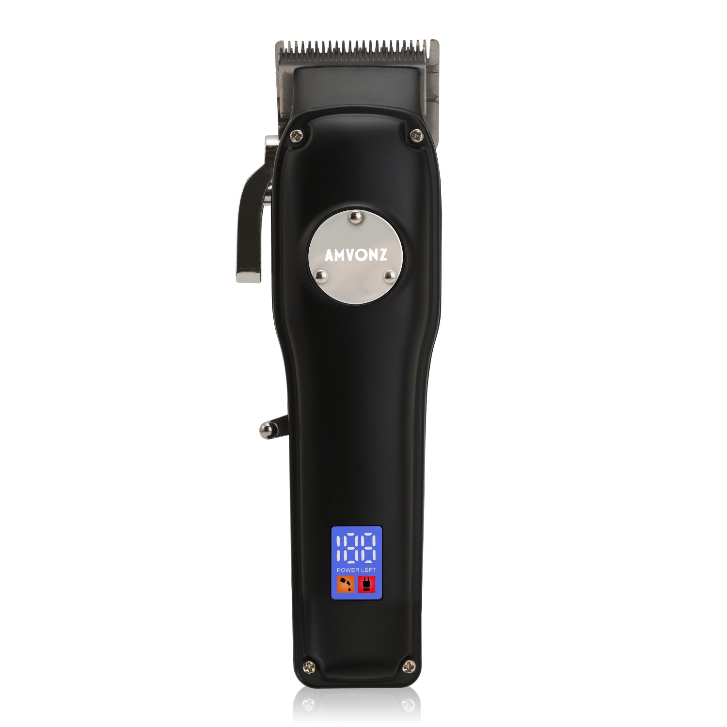 AMVONZ A-013 Professional Hair Clipper with LED Display, Cordless, Black, 200 Minutes Runtime, 2000mAh Lithium Battery, USB Charging, Taper Lever 0.8-2.0mm, 5 Guide Combs, Salon Series