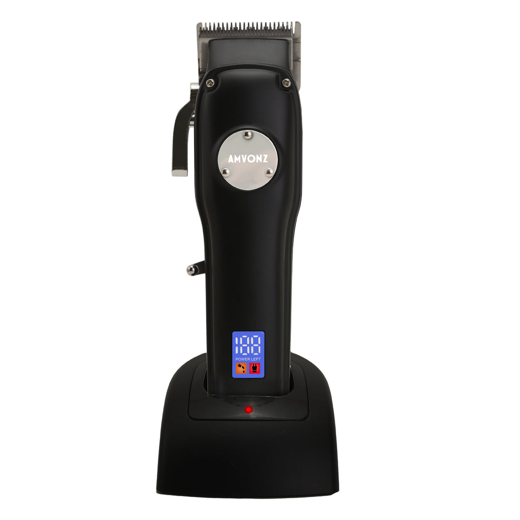 AMVONZ A-013 Professional Hair Clipper with LED Display, Cordless, Black, 200 Minutes Runtime, 2000mAh Lithium Battery, USB Charging, Taper Lever 0.8-2.0mm, 5 Guide Combs, Salon Series