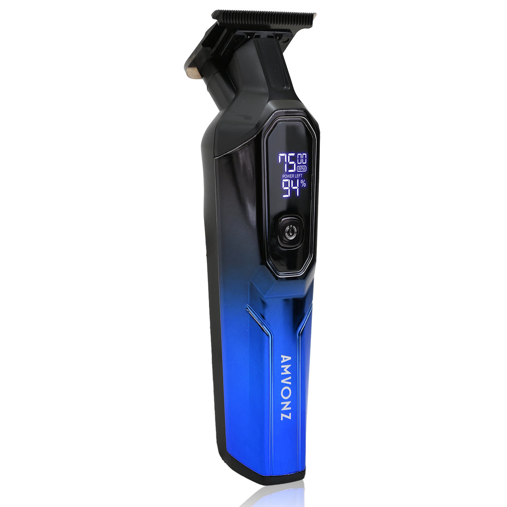 AMVONZ A-101 Professional Hair Trimmer, LED Display, 150 Minutes Runtime, USB Charging, 4 Guide Combs, (Blue)