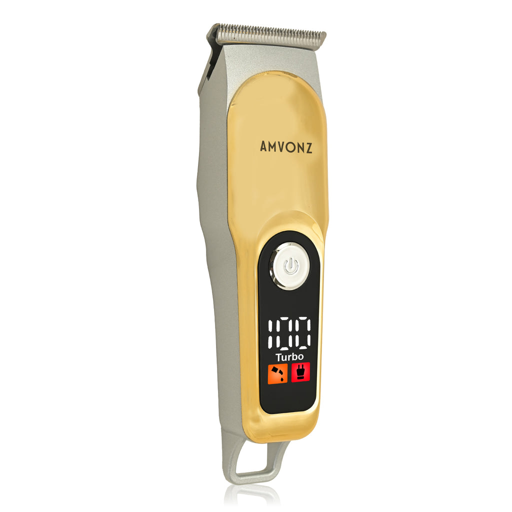 AMVONZ Professional Hair Trimmer A-104, Gold, Stainless Steel Blades, 60 Minutes Runtime, LCD Display with Turbo Mode, Type-C USB Charging, 600mAh Lithium Battery, with 4 Guide Combs