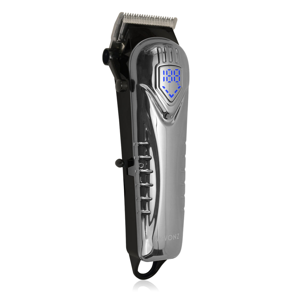 AMVONZ A-007 Professional Hair Clipper with LED Display, Cordless, Silver , 200 Minutes Runtime, 2000mAh Lithium Battery, USB Charging, Taper Lever 0.8-2.0mm, 5 Guide Combs, Salon Series
