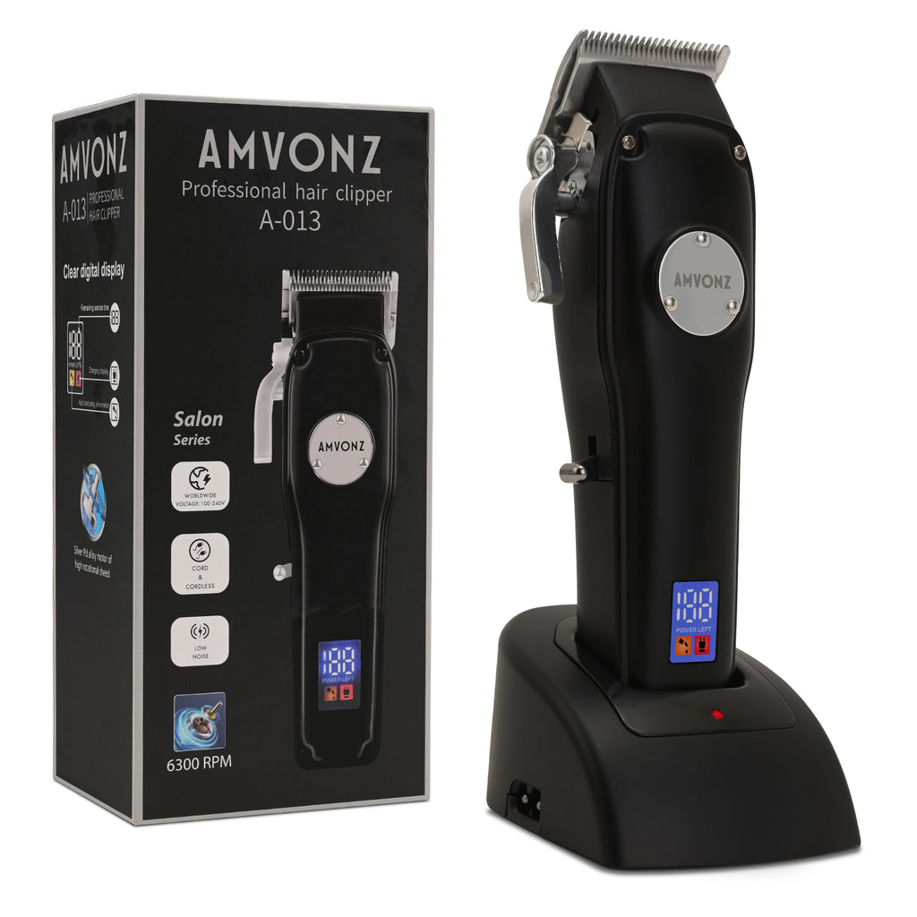 AMVONZ A-013 Professional Hair Clipper with LED Display, Cordless, Black, 200 Minutes Runtime, 2000mAh Lithium Battery, USB Charging, Taper Lever 0.8-2.0mm, 5 Guide Combs, Salon Series