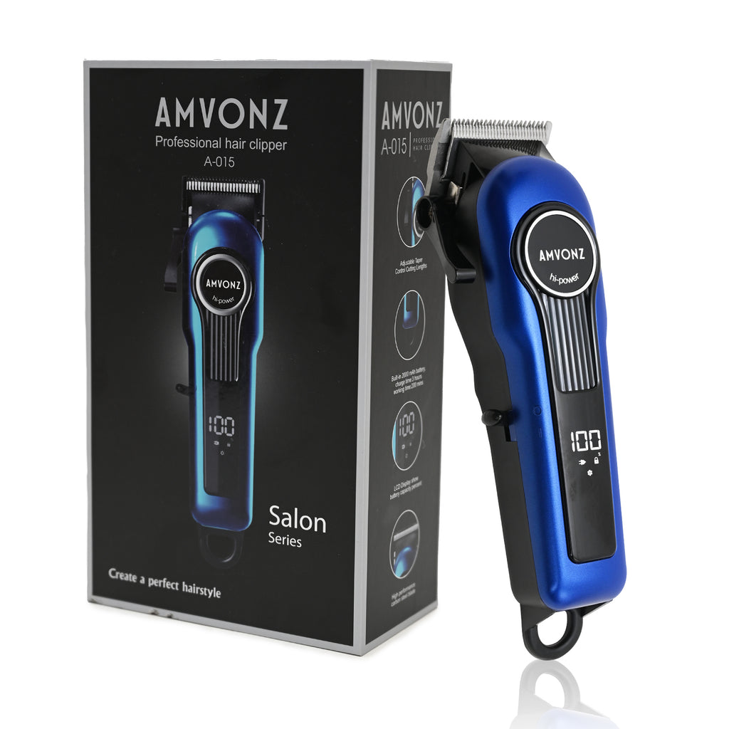 AMVONZ A-015 Professional Hair Clipper, Cordless, Blue, 200 Minutes Runtime, 2000mAh Lithium Battery, USB Charging, Taper Lever 0.8-2.0mm, 5 Guide Combs, Salon Series