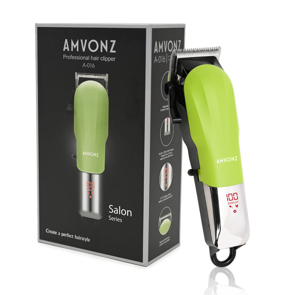 AMVONZ A-016 Professional Hair Clipper, Cordless, 200 Minutes Runtime, 2000mAh Battery, USB Charging, Taper Lever 0.8-2.0mm, 5 Guide Combs