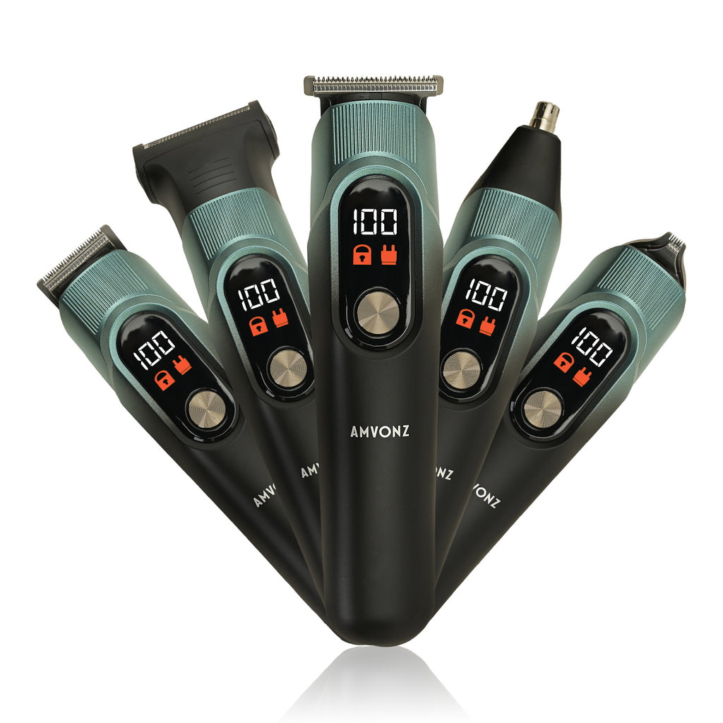 AMVONZ 5 in 1 Professional Hair Trimmer, Multifunctional Grooming Kit with Digital Display, 10000RPM Motor, 150 Minutes Runtime, 600mAh Li-ion Battery, Type-C Charging