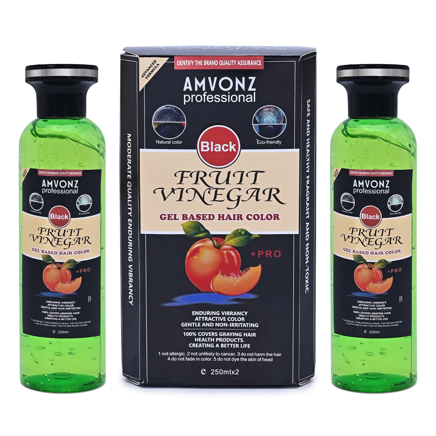 AMVONZ Professional Fruit Vinegar Gel Based Hair Colour, Black, 100% Grey Hair Coverage, 250ml x 2, Unisex