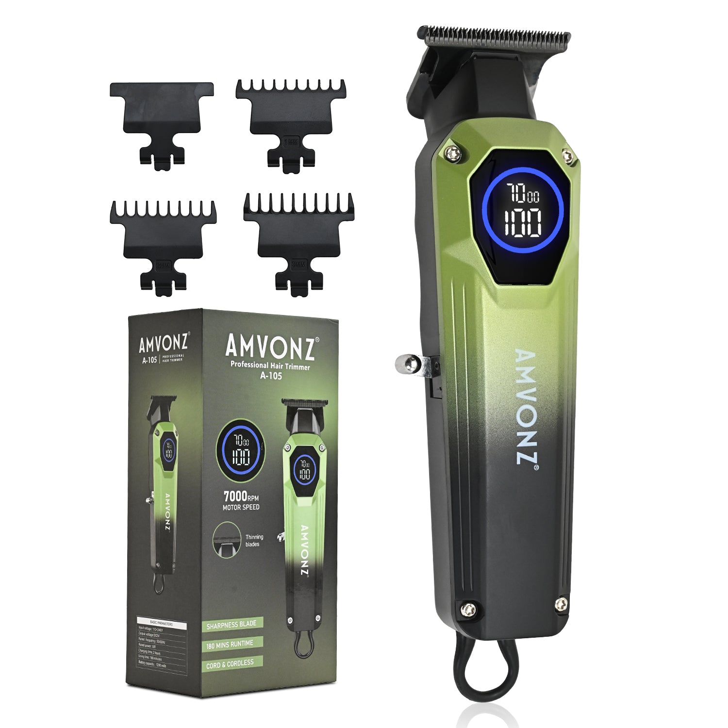 AMVONZ A-105 Professional Hair Trimmer, 7000 RPM Motor, 180 Minutes Runtime, LCD Display, Type-C Rechargeable, Cord & Cordless, 3 Guide Combs (Green)