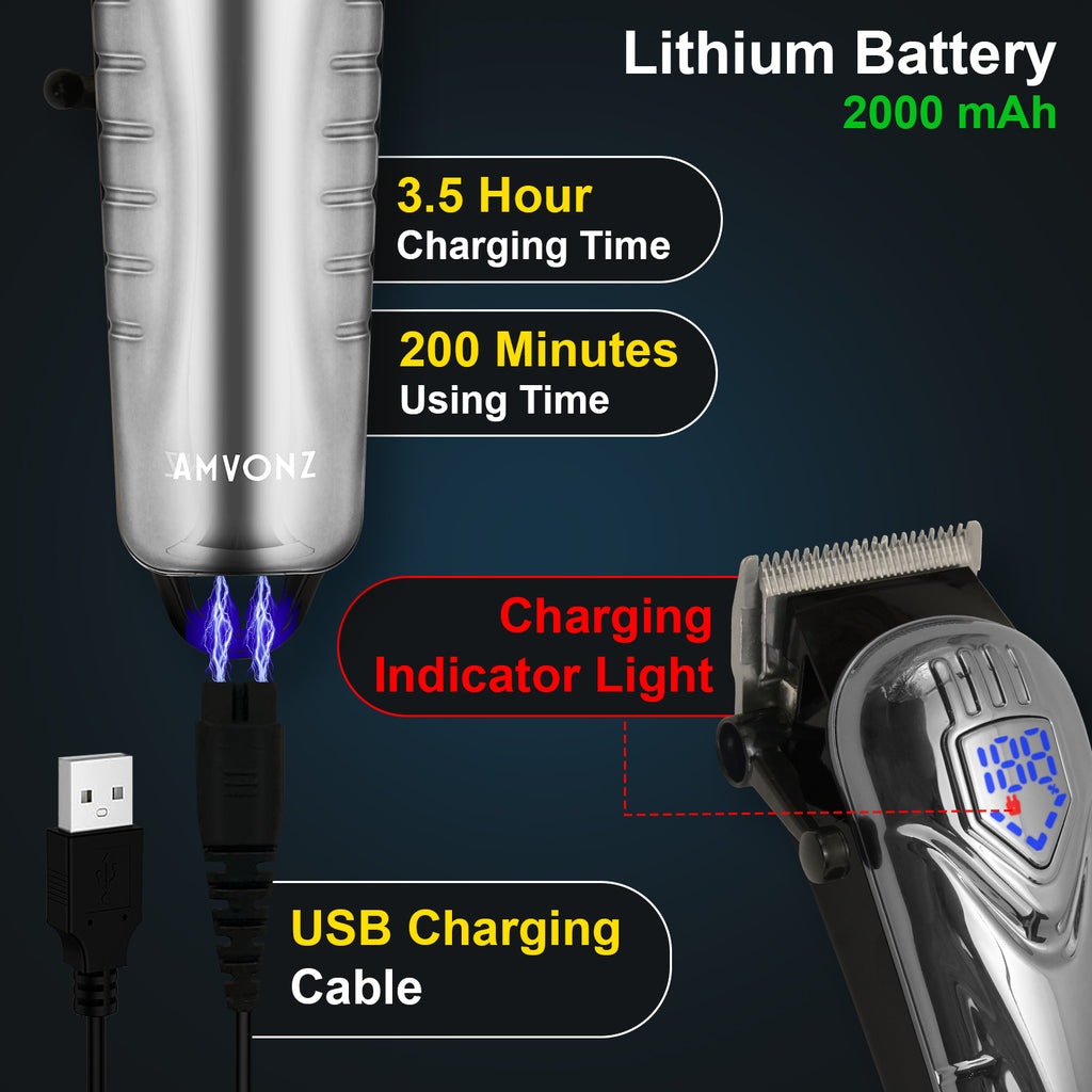 AMVONZ A-007 Professional Hair Clipper with LED Display, Cordless, Silver , 200 Minutes Runtime, 2000mAh Lithium Battery, USB Charging, Taper Lever 0.8-2.0mm, 5 Guide Combs, Salon Series