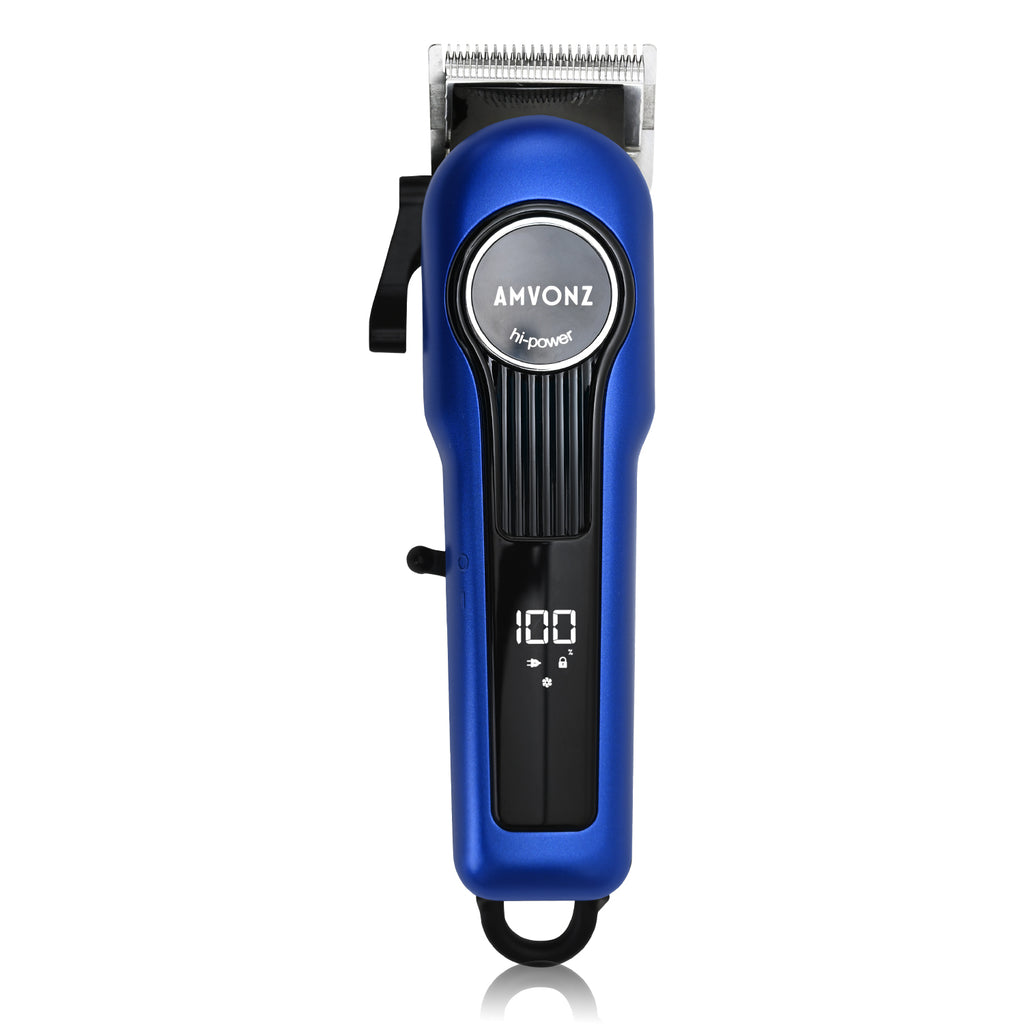AMVONZ A-015 Professional Hair Clipper, Cordless, Blue, 200 Minutes Runtime, 2000mAh Lithium Battery, USB Charging, Taper Lever 0.8-2.0mm, 5 Guide Combs, Salon Series