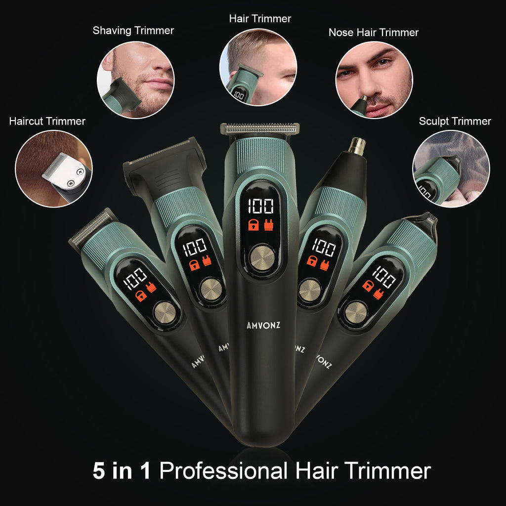 AMVONZ 5 in 1 Professional Hair Trimmer, Multifunctional Grooming Kit with Digital Display, 10000RPM Motor, 150 Minutes Runtime, 600mAh Li-ion Battery, Type-C Charging