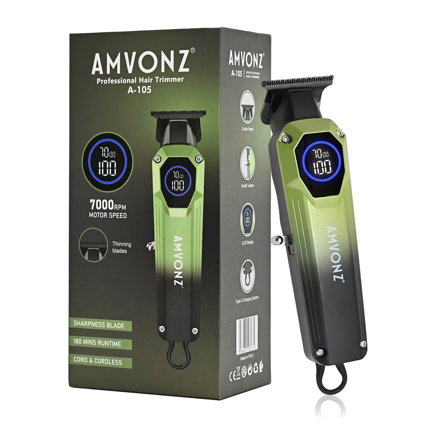 AMVONZ A-105 Professional Hair Trimmer, 7000 RPM Motor, 180 Minutes Runtime, LCD Display, Type-C Rechargeable, Cord & Cordless, 3 Guide Combs (Green)