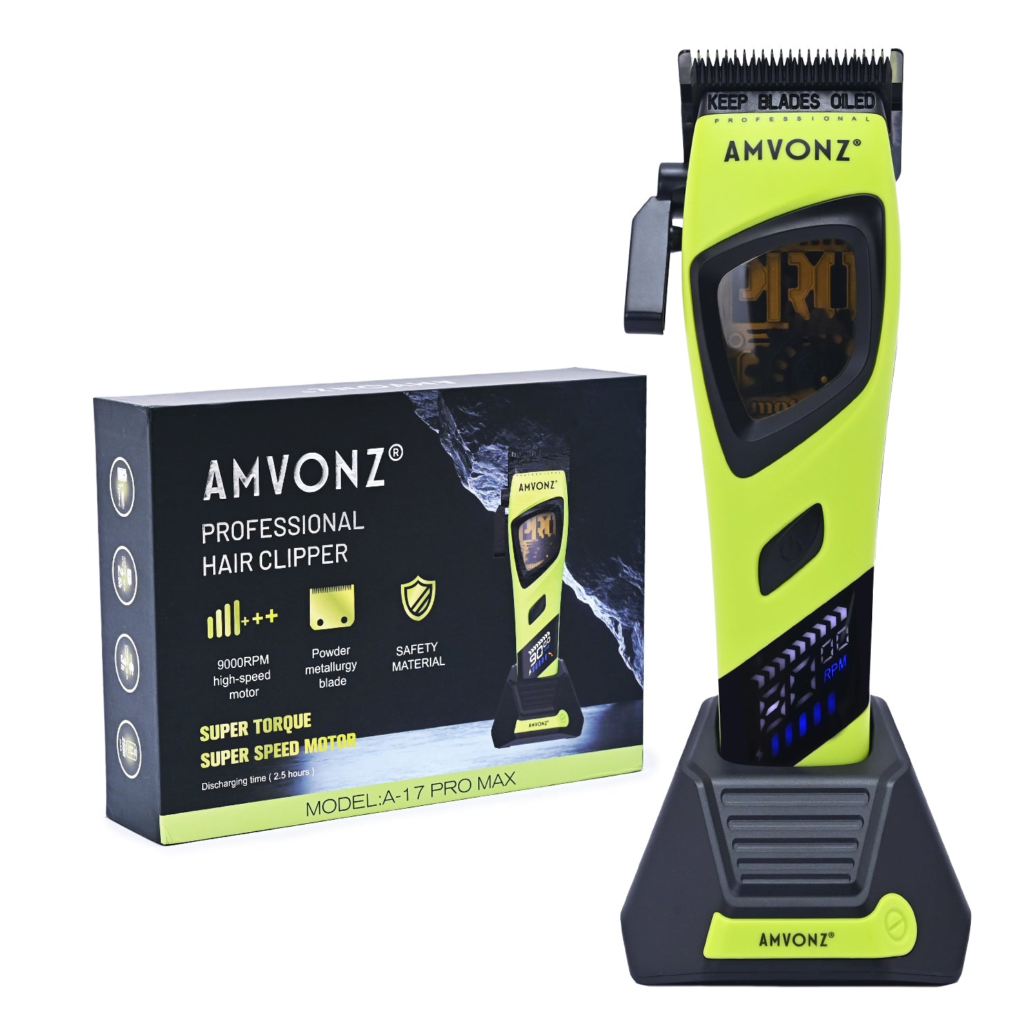 AMVONZ A-17 Pro Max Professional Hair Clipper, 9000 RPM Motor, 2500mAh Lithium Battery, 2.5 Hours Runtime, Type-C Fast Charging, LED Display, Charging Stand, Adjustable Taper Lever, 6 Guide Combs
