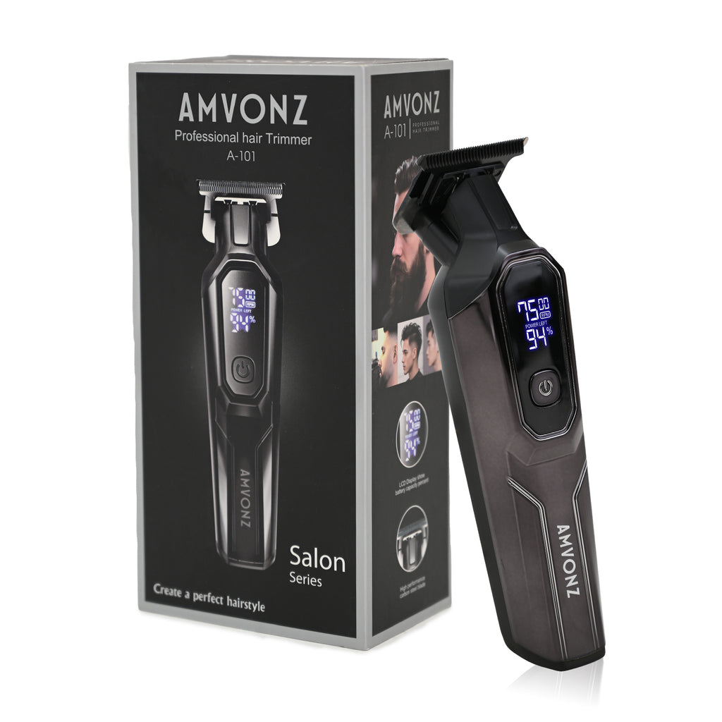 AMVONZ A-101 Professional Hair Trimmer, Digital Display, 150 Minutes Runtime, USB Charging, 4 Guide Combs, Salon Series (BLACK)