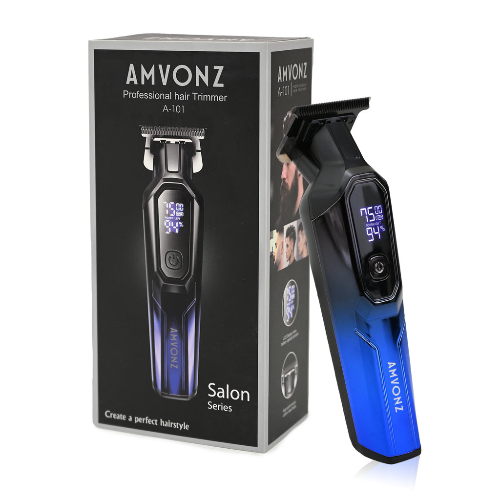 AMVONZ A-101 Professional Hair Trimmer, LED Display, 150 Minutes Runtime, USB Charging, 4 Guide Combs, (Blue)