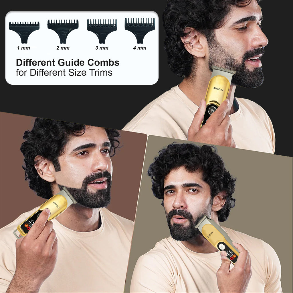 AMVONZ Professional Hair Trimmer A-104, Gold, Stainless Steel Blades, 60 Minutes Runtime, LCD Display with Turbo Mode, Type-C USB Charging, 600mAh Lithium Battery, with 4 Guide Combs