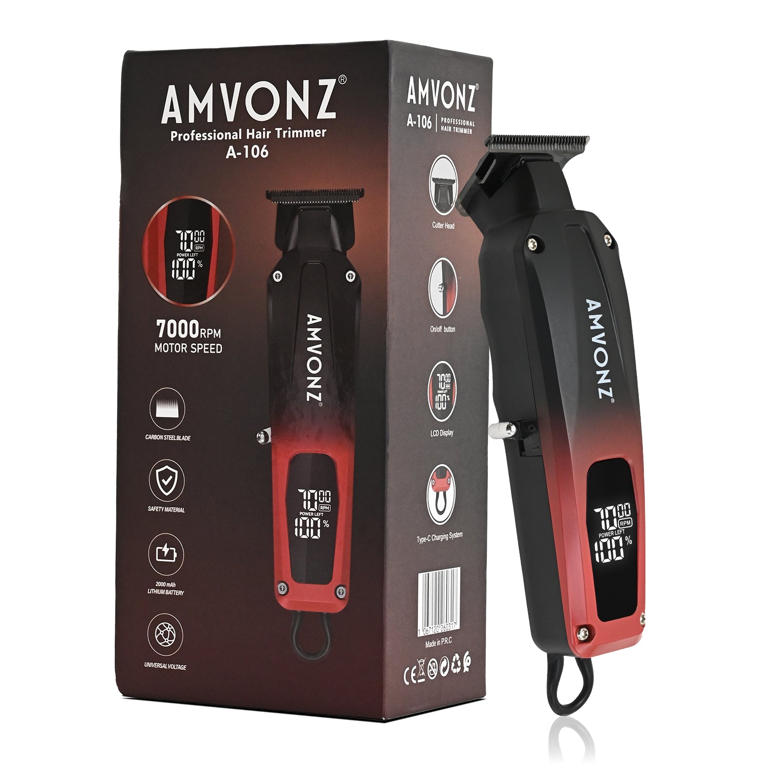 AMVONZ A-106 Professional Hair Trimmer, 7000 RPM Motor, 270 Minutes Runtime, LCD Smart Display, 2000mAh Lithium Battery, Type-C Fast Charging, Cord & Cordless, 3 Guide Combs (Red & Black)