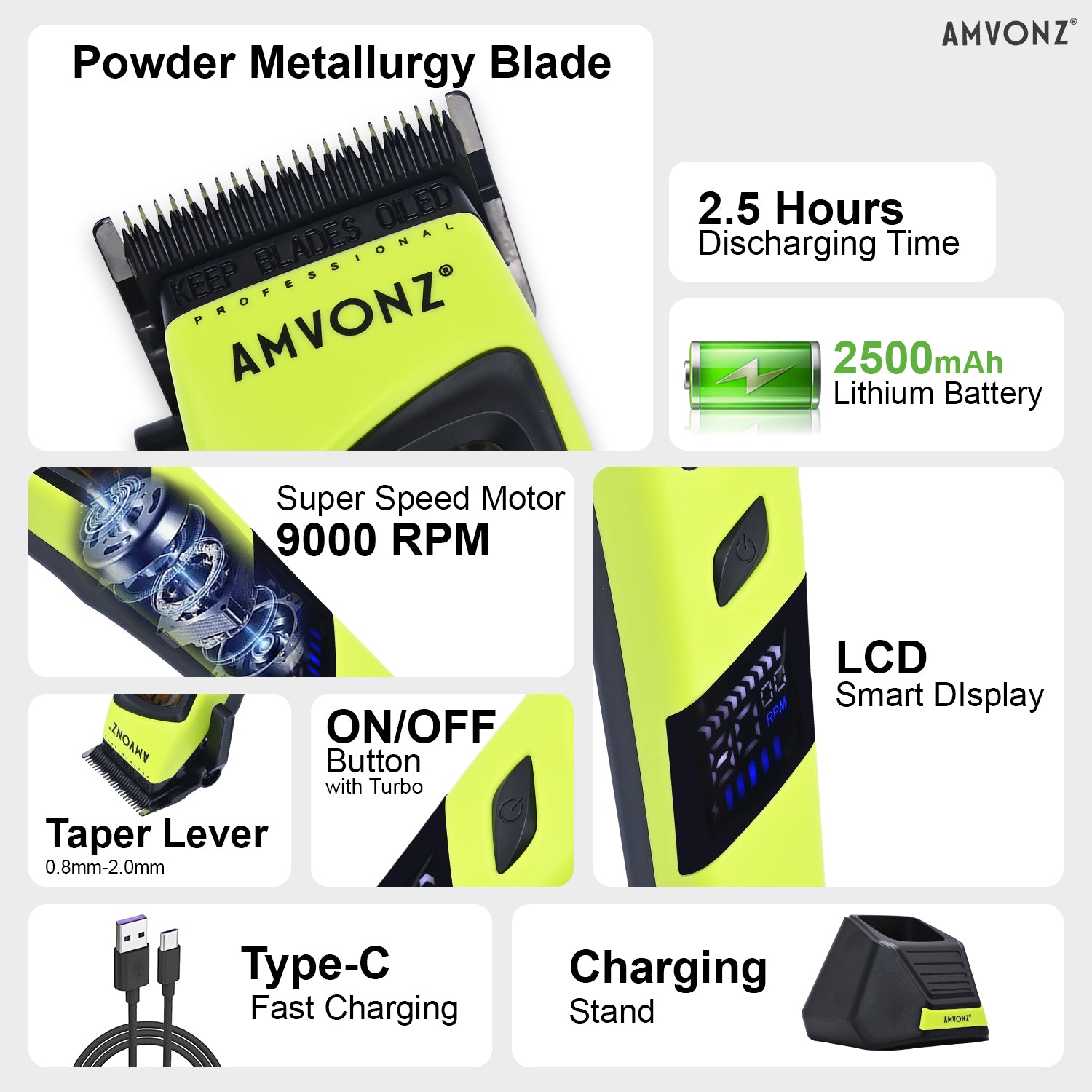 AMVONZ A-17 Pro Max Professional Hair Clipper, 9000 RPM Motor, 2500mAh Lithium Battery, 2.5 Hours Runtime, Type-C Fast Charging, LED Display, Charging Stand, Adjustable Taper Lever, 6 Guide Combs