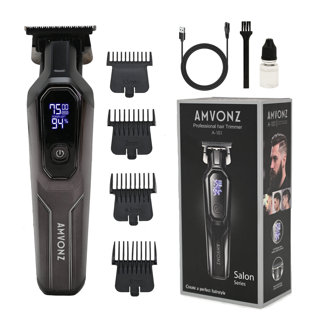 AMVONZ A-101 Professional Hair Trimmer, Digital Display, 150 Minutes Runtime, USB Charging, 4 Guide Combs, Salon Series (BLACK)