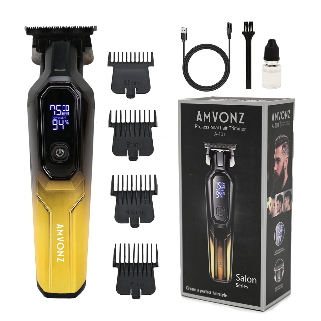 AMVONZ A-101 Professional Hair Trimmer, Digital Display, 150 Minutes Runtime, USB Rechargeable, 4 Guide Combs,(GOLD)