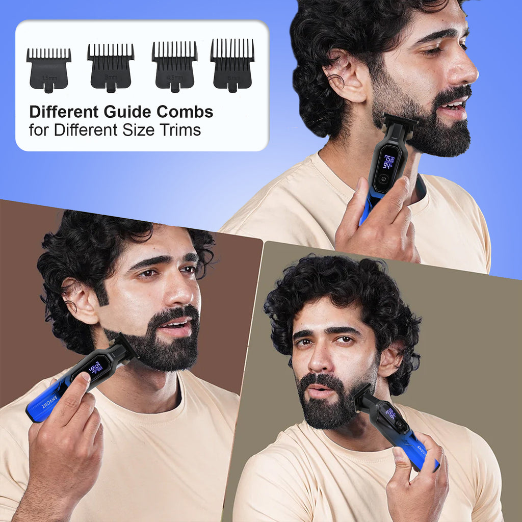 AMVONZ A-101 Professional Hair Trimmer, LED Display, 150 Minutes Runtime, USB Charging, 4 Guide Combs, (Blue)