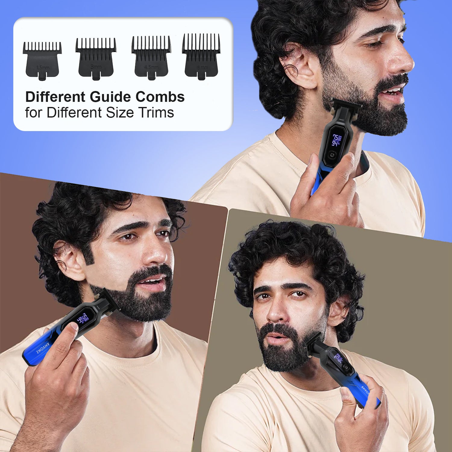 AMVONZ A-101 Professional Hair Trimmer, LED Display, 150 Minutes Runtime, USB Charging, 4 Guide Combs, (Blue)