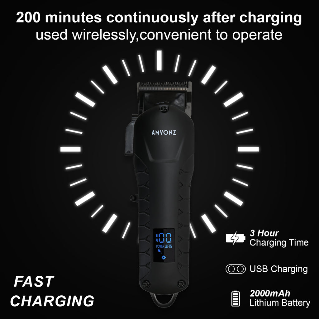 AMVONZ Professional Hair Clipper A-014, with LED Display, 200 Minutes Runtime, 2000mAh Lithium Battery, Type C USB Charging, Carbon Steel Blade, 4 Guide Combs