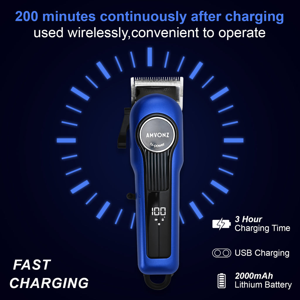AMVONZ A-015 Professional Hair Clipper, Cordless, Blue, 200 Minutes Runtime, 2000mAh Lithium Battery, USB Charging, Taper Lever 0.8-2.0mm, 5 Guide Combs, Salon Series