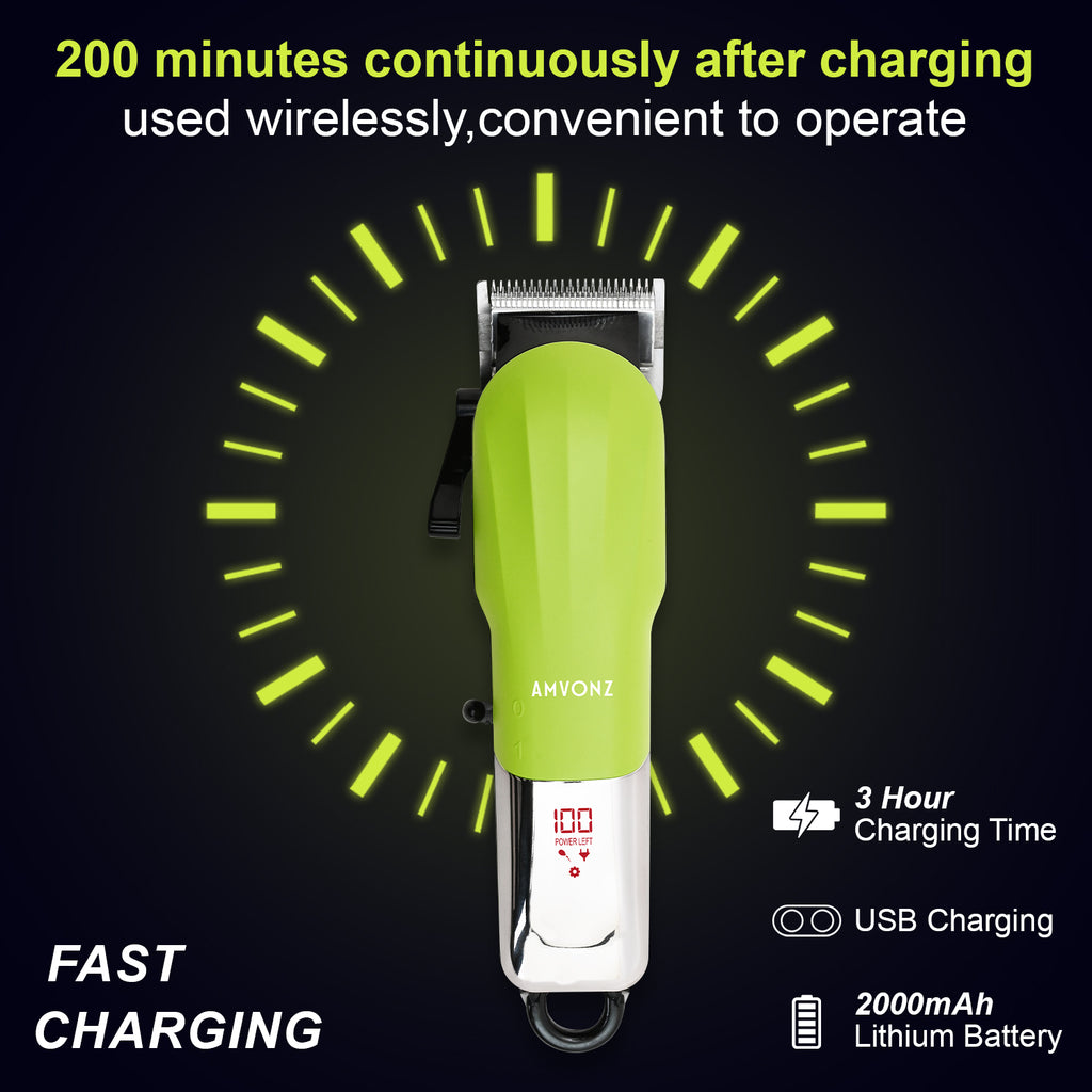 AMVONZ A-016 Professional Hair Clipper, Cordless, 200 Minutes Runtime, 2000mAh Battery, USB Charging, Taper Lever 0.8-2.0mm, 5 Guide Combs
