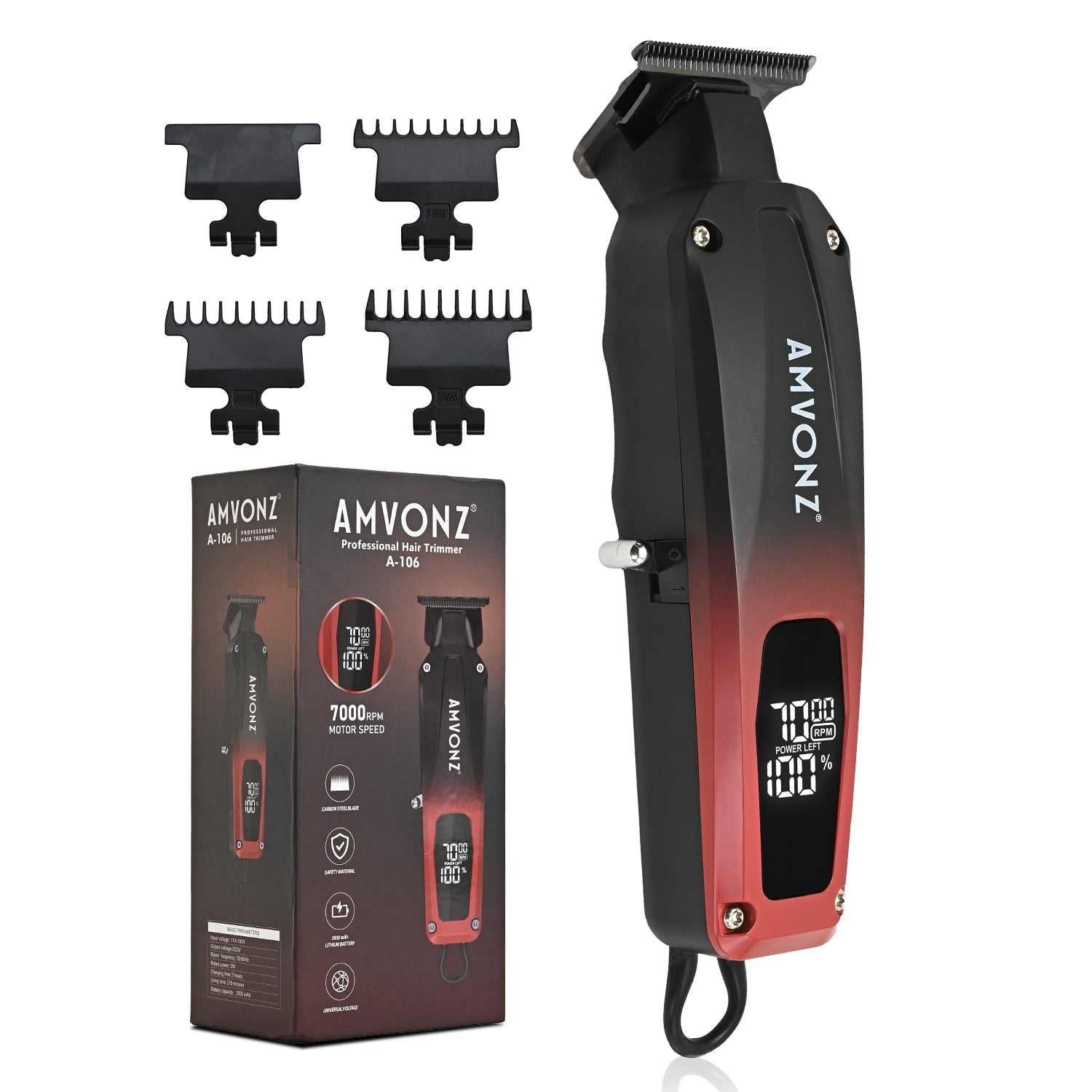 AMVONZ A-106 Professional Hair Trimmer, 7000 RPM Motor, 270 Minutes Runtime, LCD Smart Display, 2000mAh Lithium Battery, Type-C Fast Charging, Cord & Cordless, 3 Guide Combs (Red & Black)