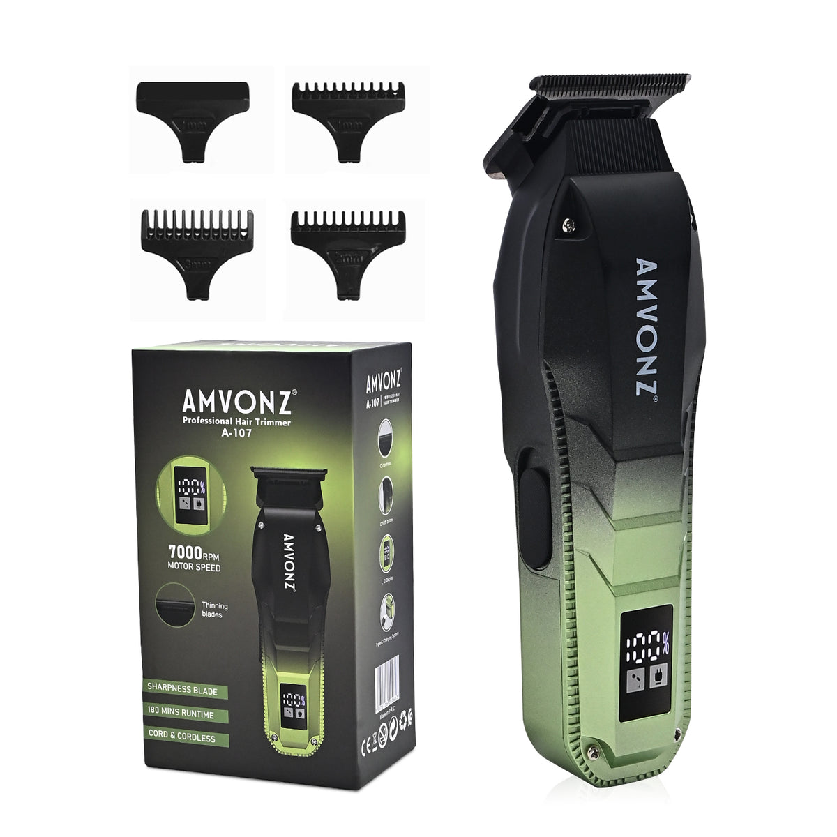 AMVONZ A-107 Professional Hair Trimmer, 7000 RPM Motor, 180 Minutes Runtime, 1200mAh Lithium Battery, LCD Display, Type-C Fast Charging, Cord & Cordless, 3 Guide Combs (Green)