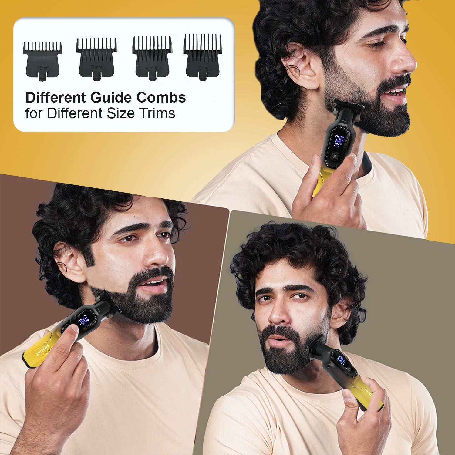 AMVONZ A-101 Professional Hair Trimmer, Digital Display, 150 Minutes Runtime, USB Rechargeable, 4 Guide Combs,(GOLD)