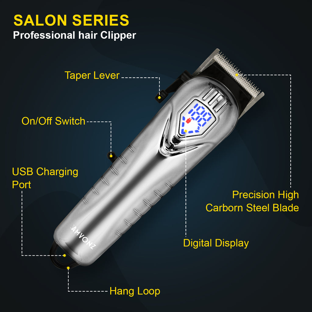 AMVONZ A-007 Professional Hair Clipper with LED Display, Cordless, Silver , 200 Minutes Runtime, 2000mAh Lithium Battery, USB Charging, Taper Lever 0.8-2.0mm, 5 Guide Combs, Salon Series