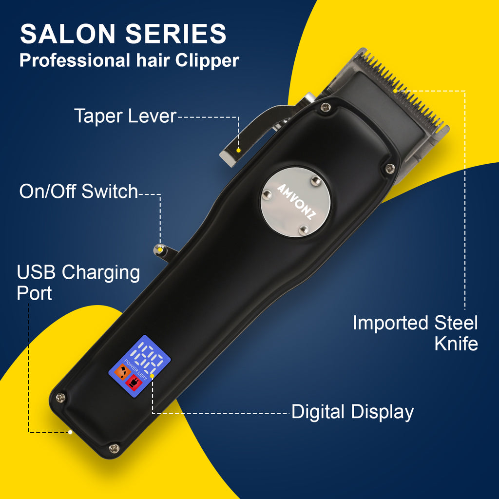 AMVONZ A-013 Professional Hair Clipper with LED Display, Cordless, Black, 200 Minutes Runtime, 2000mAh Lithium Battery, USB Charging, Taper Lever 0.8-2.0mm, 5 Guide Combs, Salon Series