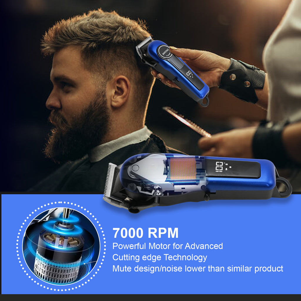 AMVONZ A-015 Professional Hair Clipper, Cordless, Blue, 200 Minutes Runtime, 2000mAh Lithium Battery, USB Charging, Taper Lever 0.8-2.0mm, 5 Guide Combs, Salon Series
