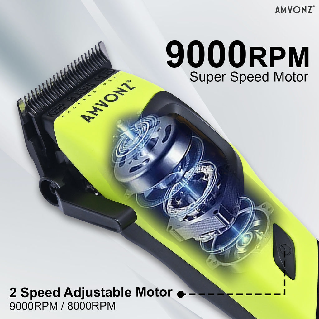 AMVONZ A-17 Pro Max Professional Hair Clipper, 9000 RPM Motor, 2500mAh Lithium Battery, 2.5 Hours Runtime, Type-C Fast Charging, LED Display, Charging Stand, Adjustable Taper Lever, 6 Guide Combs