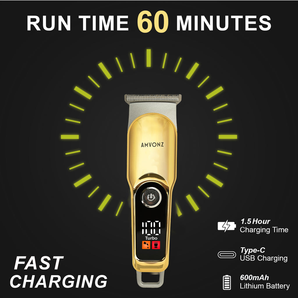 AMVONZ Professional Hair Trimmer A-104, Gold, Stainless Steel Blades, 60 Minutes Runtime, LCD Display with Turbo Mode, Type-C USB Charging, 600mAh Lithium Battery, with 4 Guide Combs