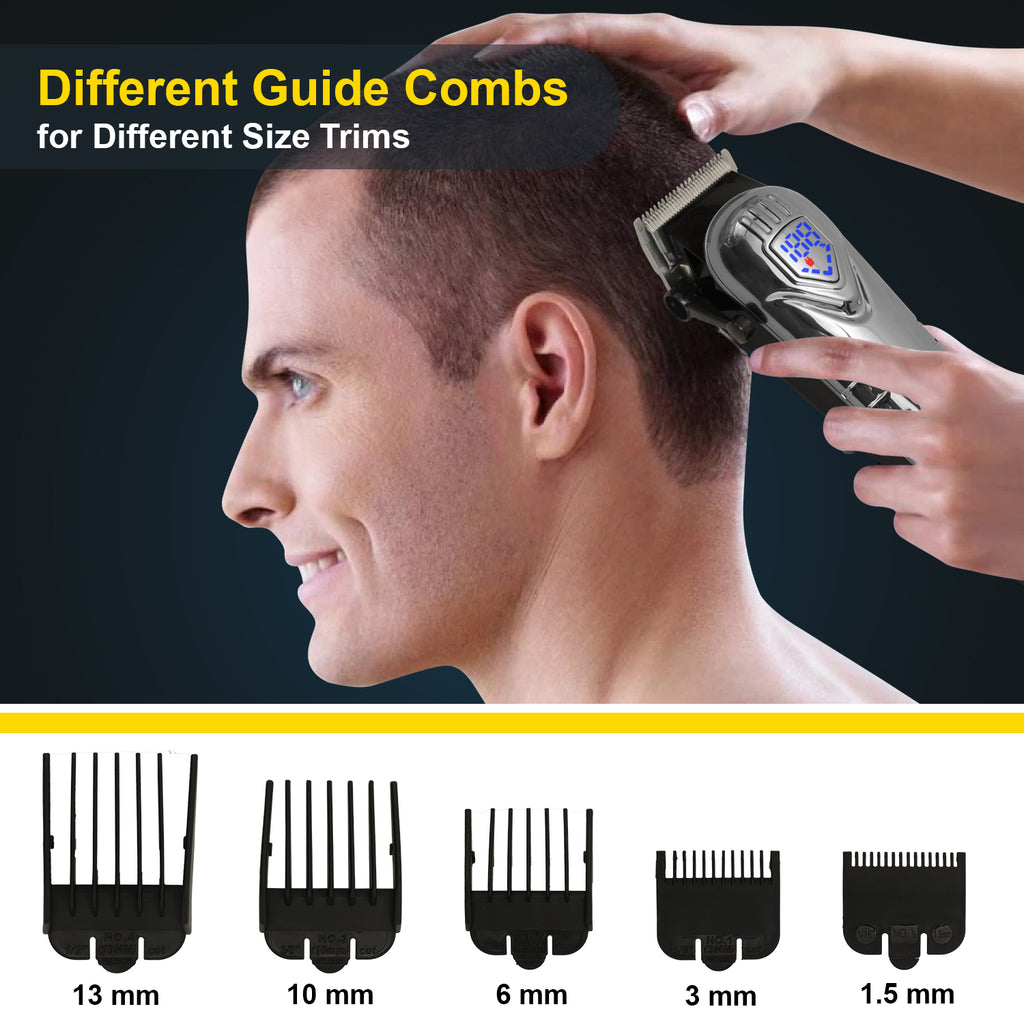 AMVONZ A-007 Professional Hair Clipper with LED Display, Cordless, Silver , 200 Minutes Runtime, 2000mAh Lithium Battery, USB Charging, Taper Lever 0.8-2.0mm, 5 Guide Combs, Salon Series
