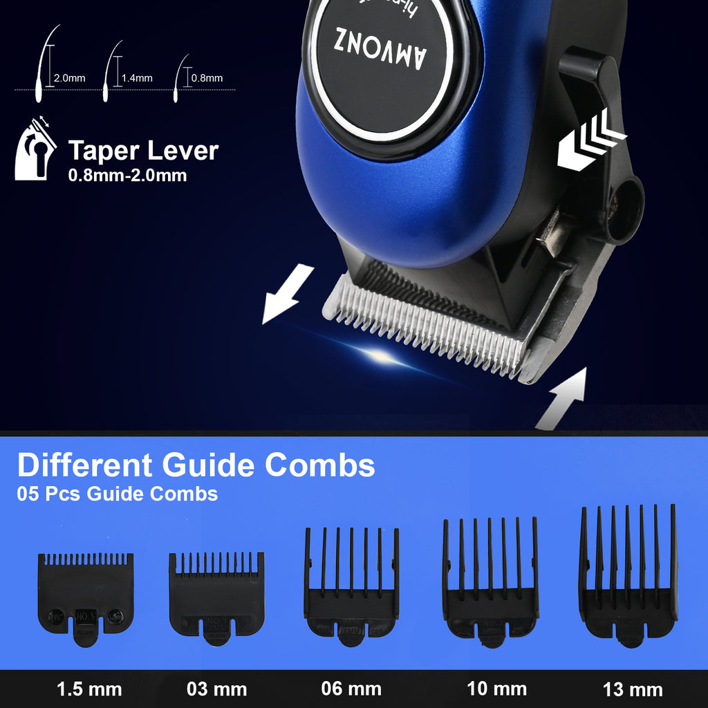 AMVONZ A-015 Professional Hair Clipper, Cordless, Blue, 200 Minutes Runtime, 2000mAh Lithium Battery, USB Charging, Taper Lever 0.8-2.0mm, 5 Guide Combs, Salon Series