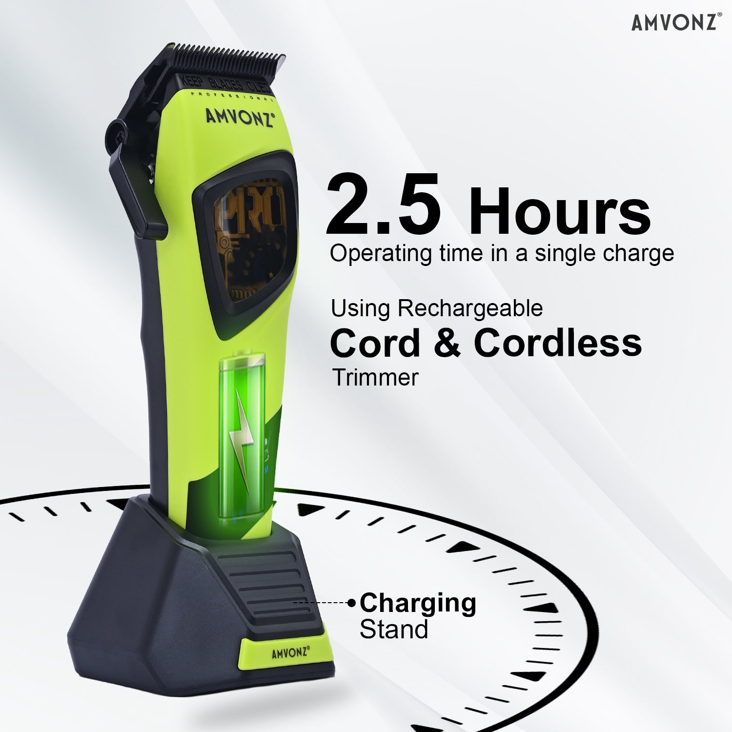 AMVONZ A-17 Pro Max Professional Hair Clipper, 9000 RPM Motor, 2500mAh Lithium Battery, 2.5 Hours Runtime, Type-C Fast Charging, LED Display, Charging Stand, Adjustable Taper Lever, 6 Guide Combs