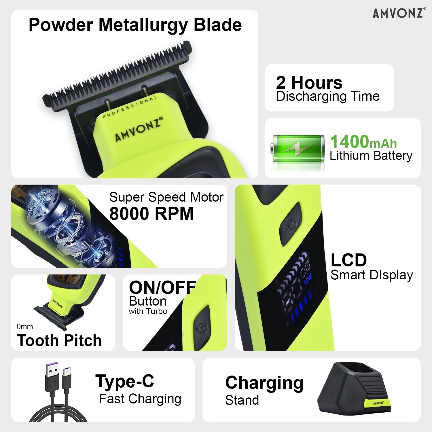 AMVONZ A-17 Pro Professional Hair Trimmer for Men, 8000 RPM Motor, 1400mAh Lithium Battery, 2 Hours Runtime, Cord & Cordless, Type-C Fast Charging, LED Display, Charging Stand, DLC Blade, 4 Guide Combs