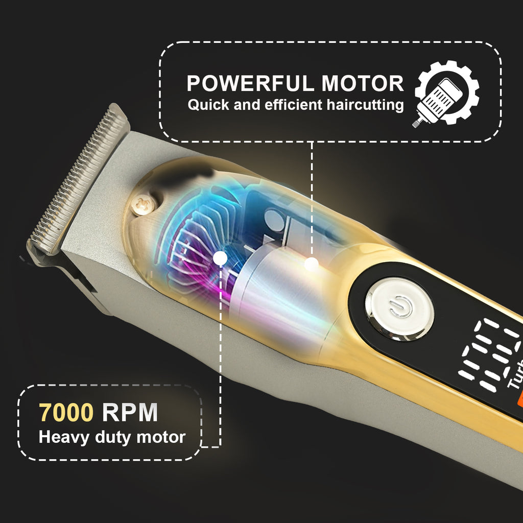 AMVONZ Professional Hair Trimmer A-104, Gold, Stainless Steel Blades, 60 Minutes Runtime, LCD Display with Turbo Mode, Type-C USB Charging, 600mAh Lithium Battery, with 4 Guide Combs