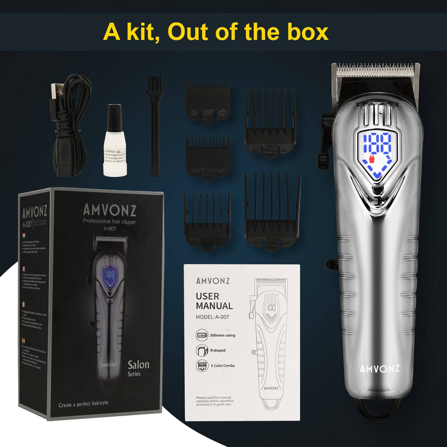 AMVONZ A-007 Professional Hair Clipper with LED Display, Cordless, Silver , 200 Minutes Runtime, 2000mAh Lithium Battery, USB Charging, Taper Lever 0.8-2.0mm, 5 Guide Combs, Salon Series