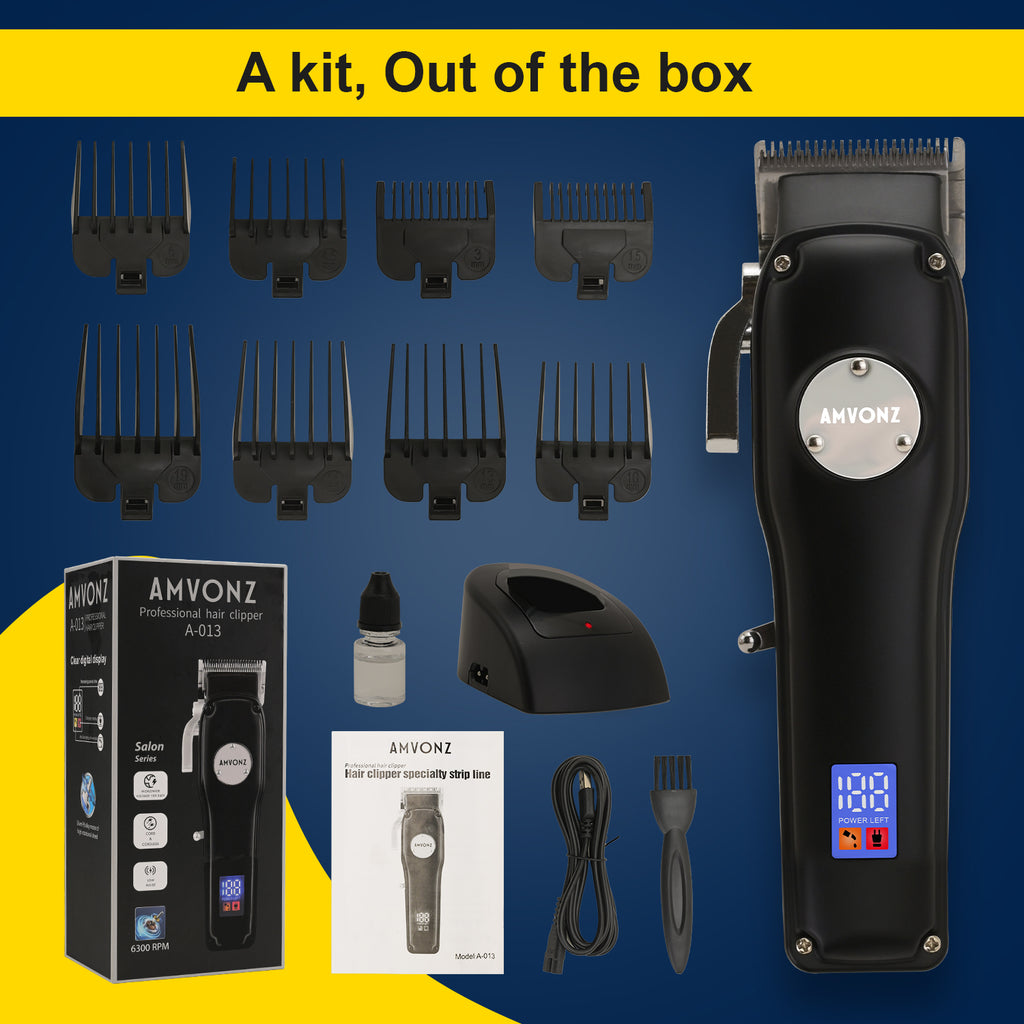 AMVONZ A-013 Professional Hair Clipper with LED Display, Cordless, Black, 200 Minutes Runtime, 2000mAh Lithium Battery, USB Charging, Taper Lever 0.8-2.0mm, 5 Guide Combs, Salon Series