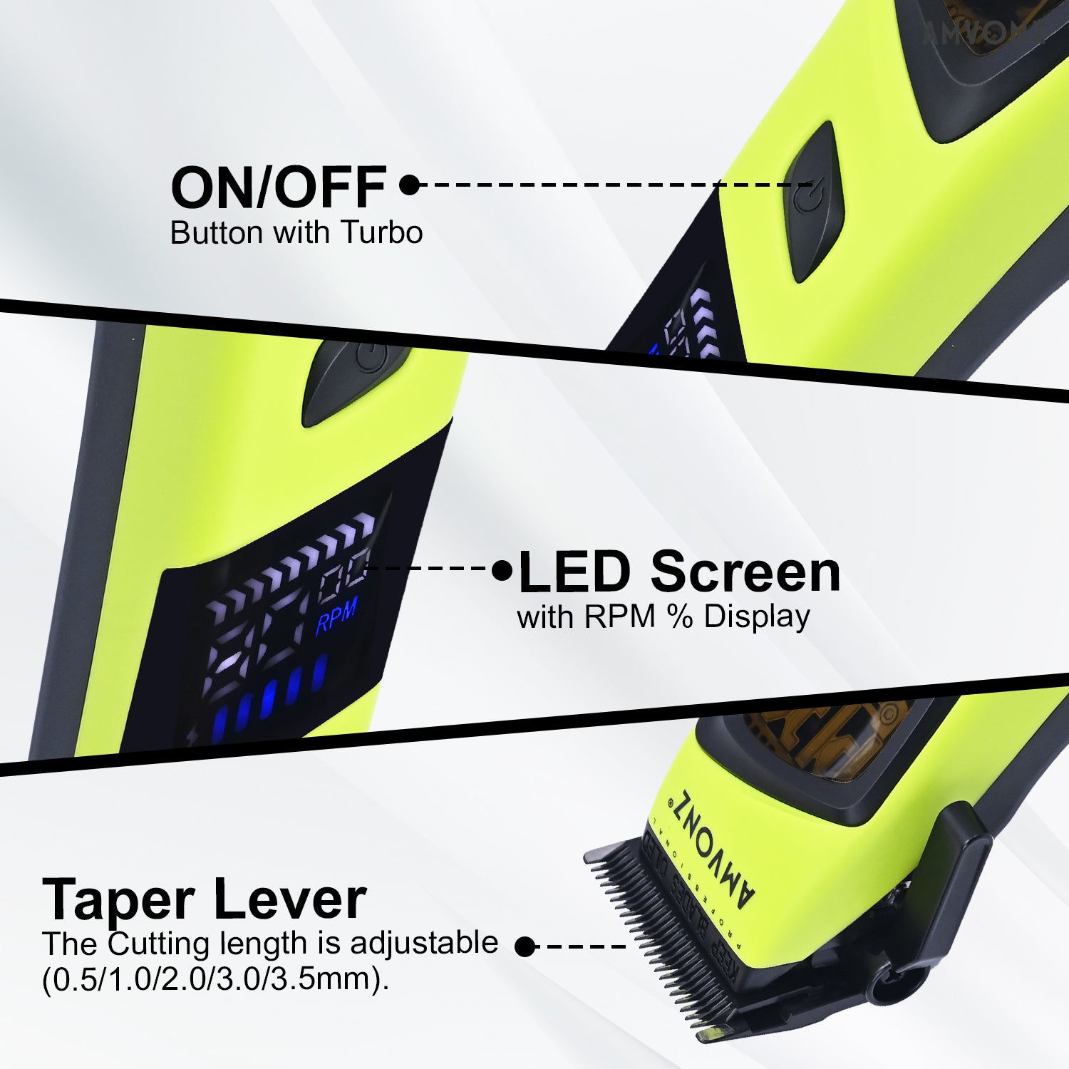 AMVONZ A-17 Pro Max Professional Hair Clipper, 9000 RPM Motor, 2500mAh Lithium Battery, 2.5 Hours Runtime, Type-C Fast Charging, LED Display, Charging Stand, Adjustable Taper Lever, 6 Guide Combs